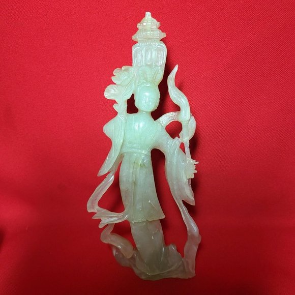 Other - Vintage Chinese Carved Green Jade Statue of Lady Flower Figurine Statue